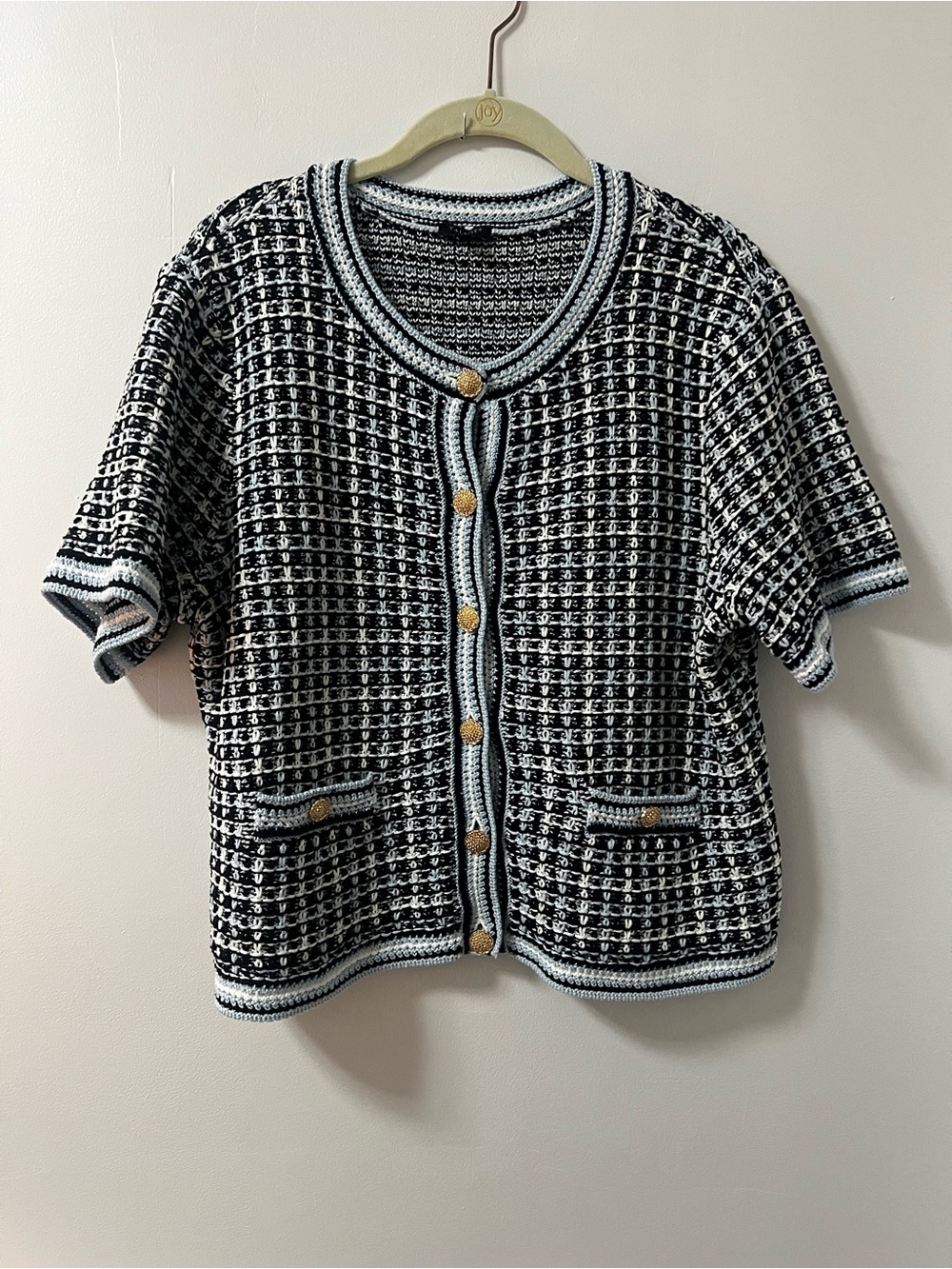 Women’s Short-Sleeve Knit Cardigan Sweater - Black, White, & Light Blue.